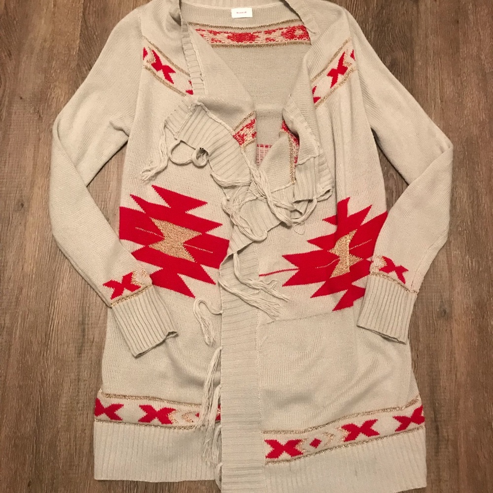 Long Aztec print cardigan with fringe